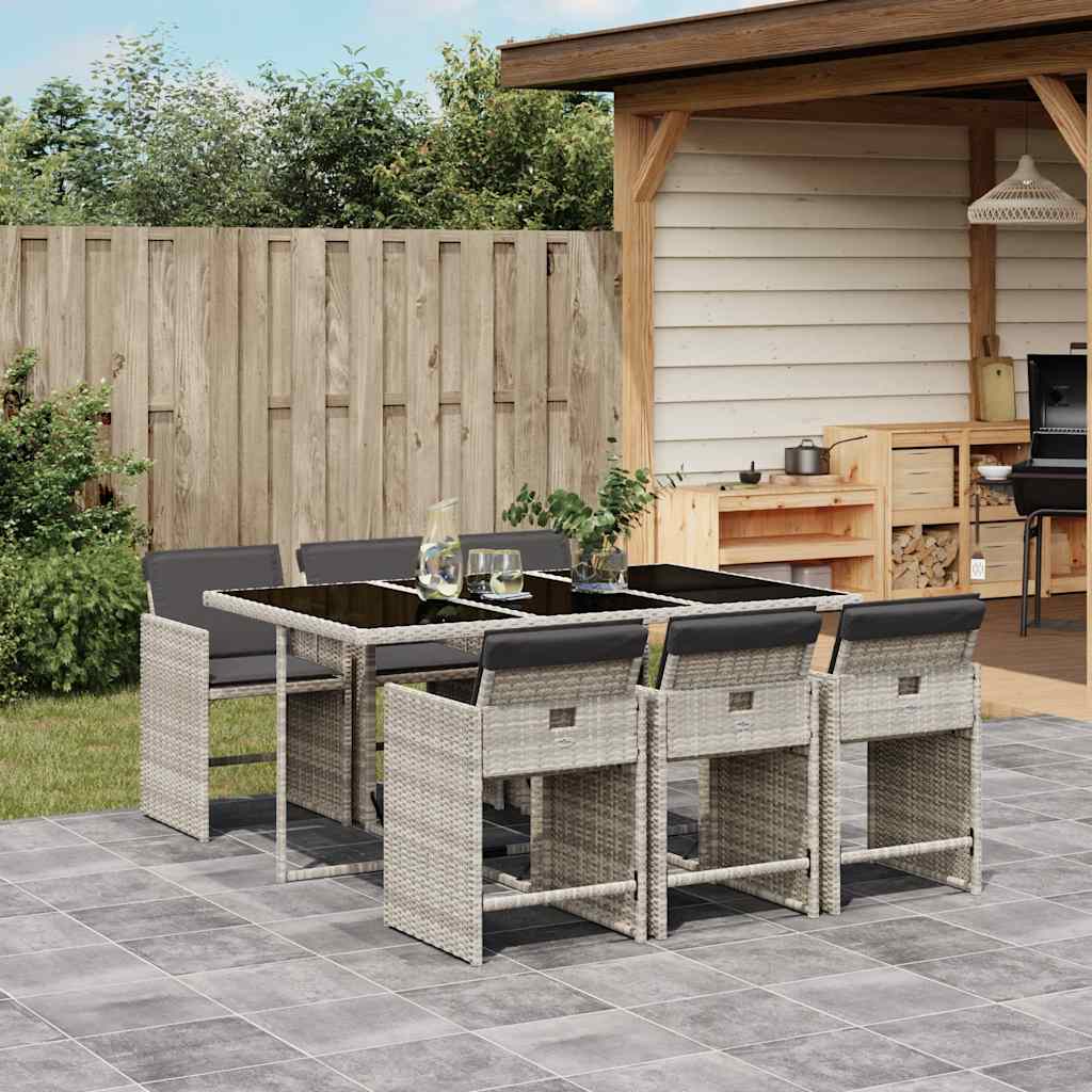 7 Piece Garden Dining Set with Cushions Light Grey Poly Rattan