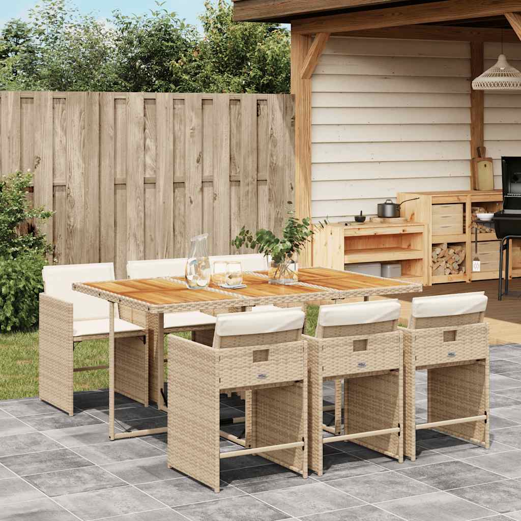 7 Piece Garden Dining Set with Cushions Beige Poly Rattan