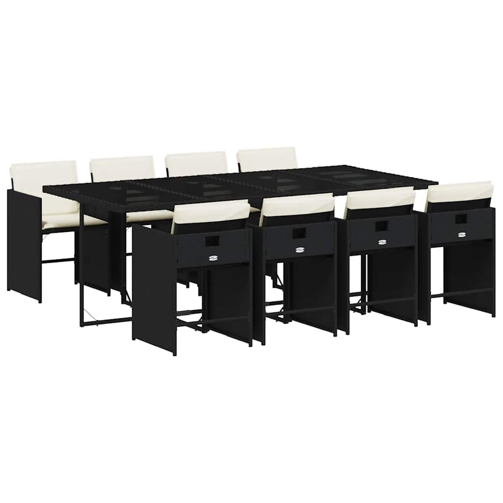 9 Piece Garden Dining Set with Cushions Black Poly Rattan