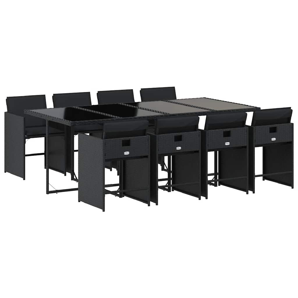9 Piece Garden Dining Set with Cushions Black Poly Rattan