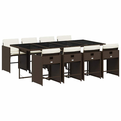 9 Piece Garden Dining Set with Cushions Brown Poly Rattan