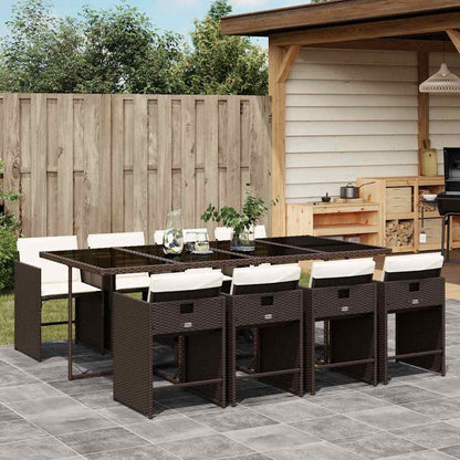 9 Piece Garden Dining Set with Cushions Brown Poly Rattan