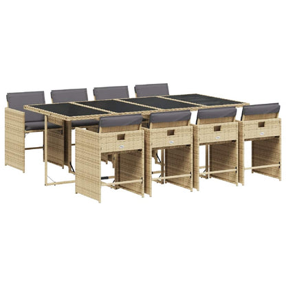 9 Piece Garden Dining Set with Cushions Mix Beige Poly Rattan