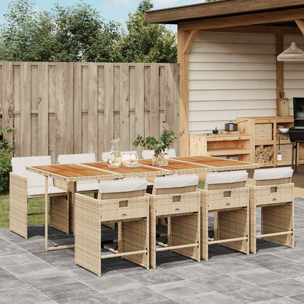 9 Piece Garden Dining Set with Cushions Beige Poly Rattan