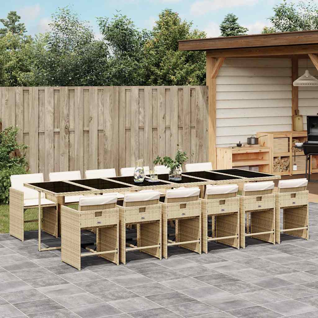 13 Piece Garden Dining Set with Cushions Beige Poly Rattan