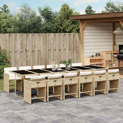 13 Piece Garden Dining Set with Cushions Beige Poly Rattan