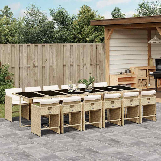 13 Piece Garden Dining Set with Cushions Beige Poly Rattan
