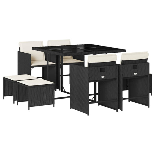 9 Piece Garden Dining Set with Cushions Black Poly Rattan