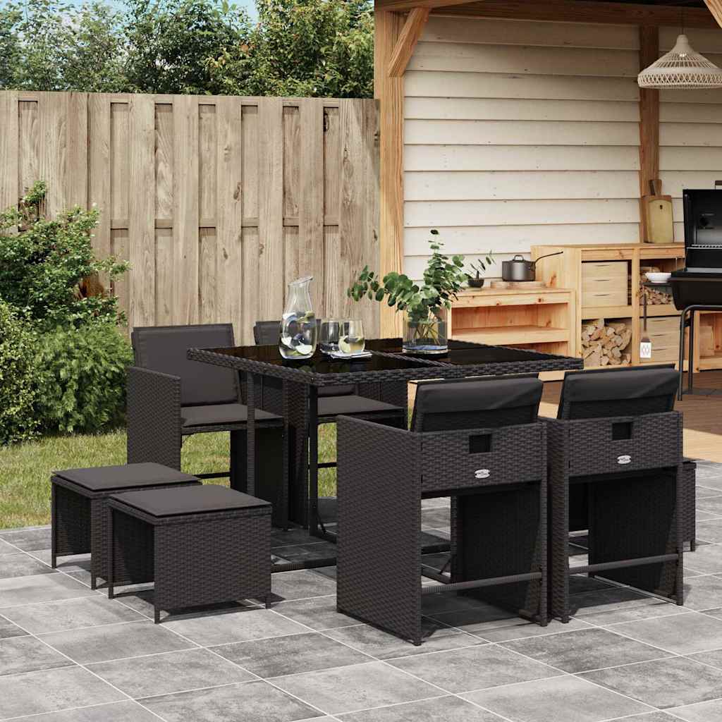 9 Piece Garden Dining Set with Cushions Black Poly Rattan