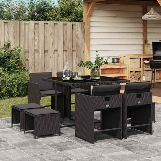 9 Piece Garden Dining Set with Cushions Black Poly Rattan