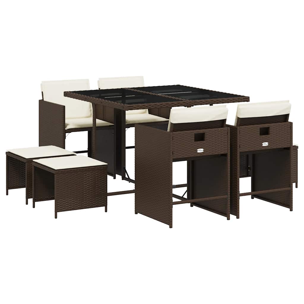 9 Piece Garden Dining Set with Cushions Brown Poly Rattan