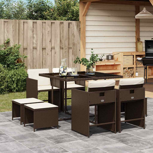 9 Piece Garden Dining Set with Cushions Brown Poly Rattan