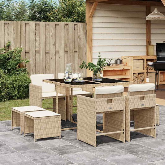 9 Piece Garden Dining Set with Cushions Beige Poly Rattan