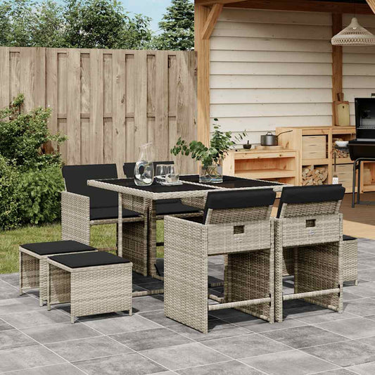9 Piece Garden Dining Set with Cushions Light Grey Poly Rattan