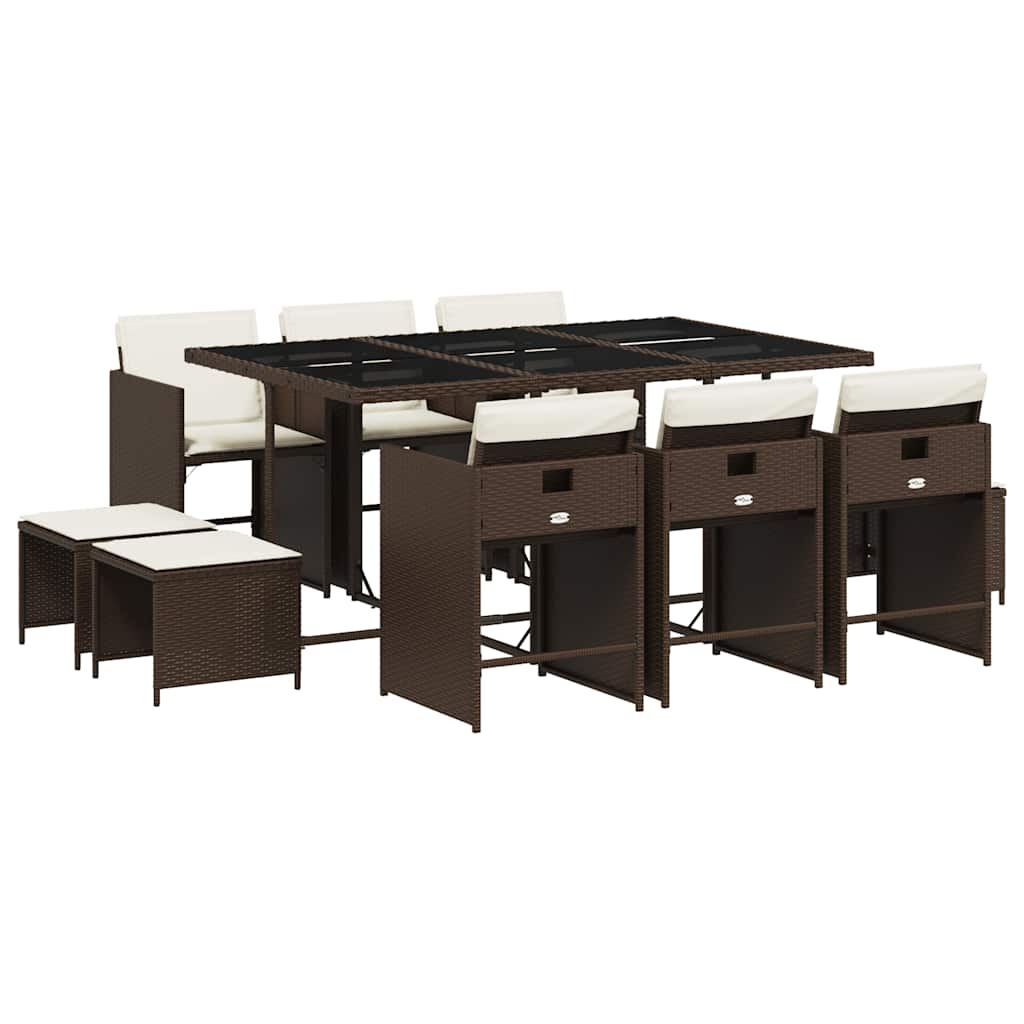 11 Piece Garden Dining Set with Cushions Brown Poly Rattan