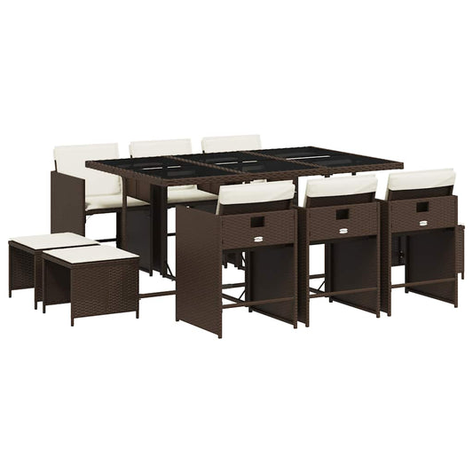 11 Piece Garden Dining Set with Cushions Brown Poly Rattan