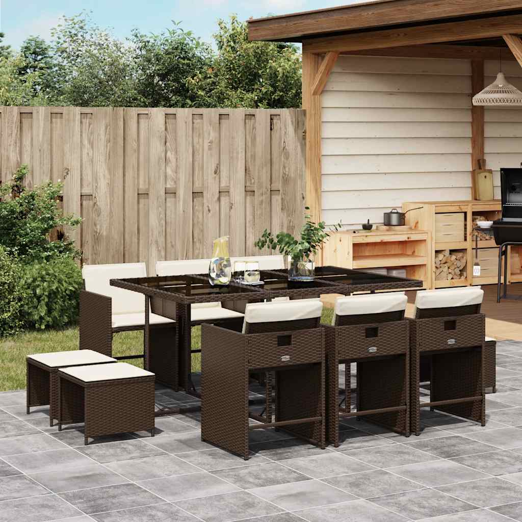 11 Piece Garden Dining Set with Cushions Brown Poly Rattan
