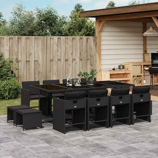 13 Piece Garden Dining Set with Cushions Black Poly Rattan