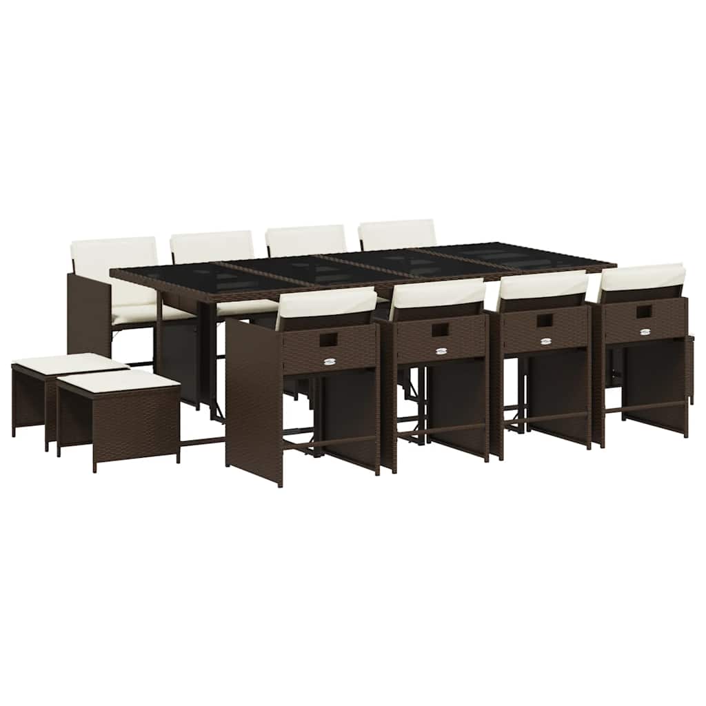 13 Piece Garden Dining Set with Cushions Brown Poly Rattan