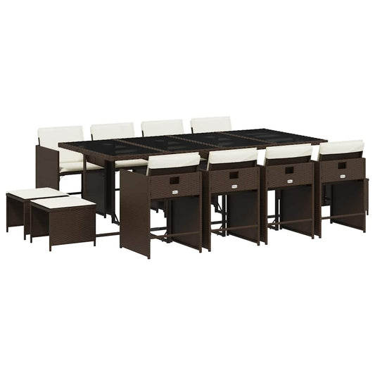 13 Piece Garden Dining Set with Cushions Brown Poly Rattan