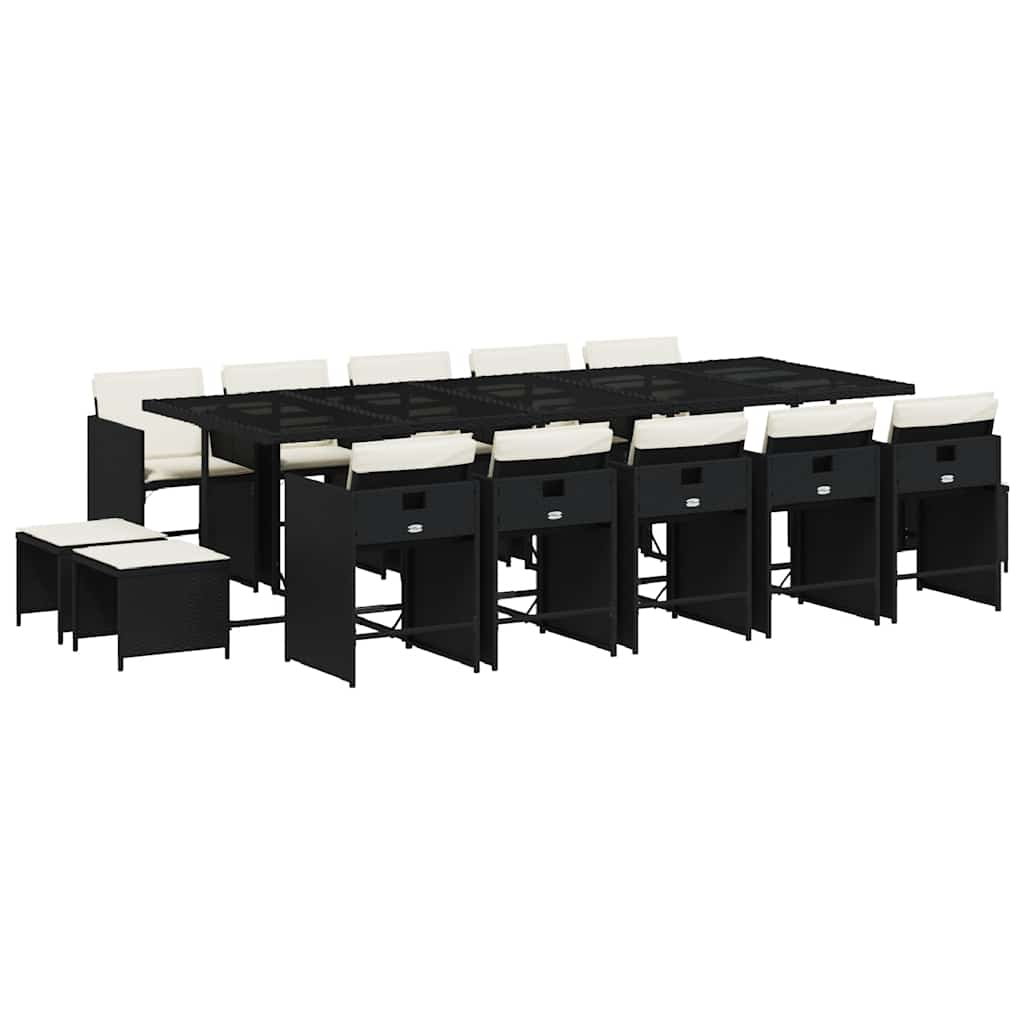 15 Piece Garden Dining Set with Cushions Black Poly Rattan