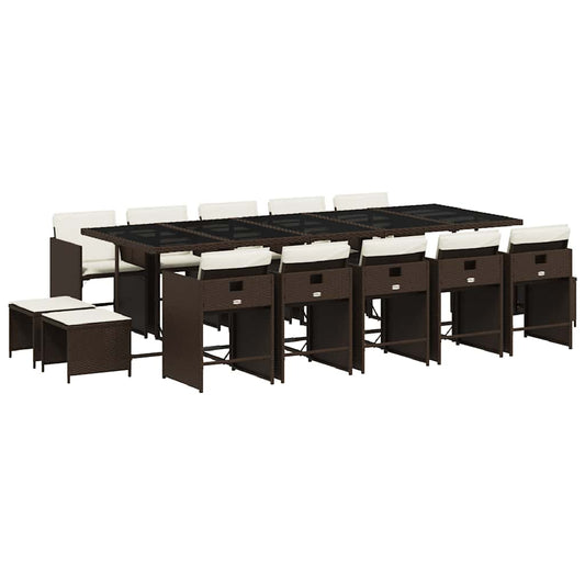 15 Piece Garden Dining Set with Cushions Brown Poly Rattan