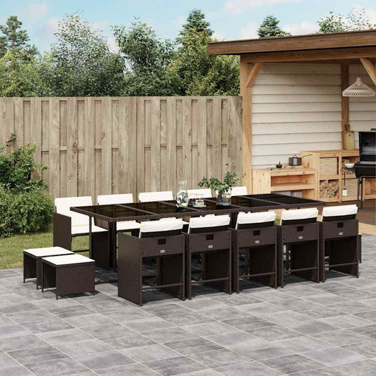 15 Piece Garden Dining Set with Cushions Brown Poly Rattan