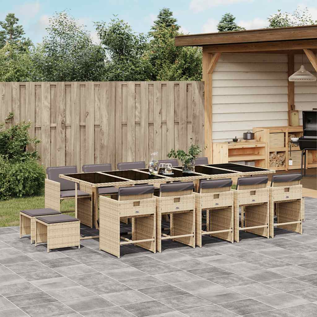 15 Piece Garden Dining Set with Cushions Mix Beige Poly Rattan