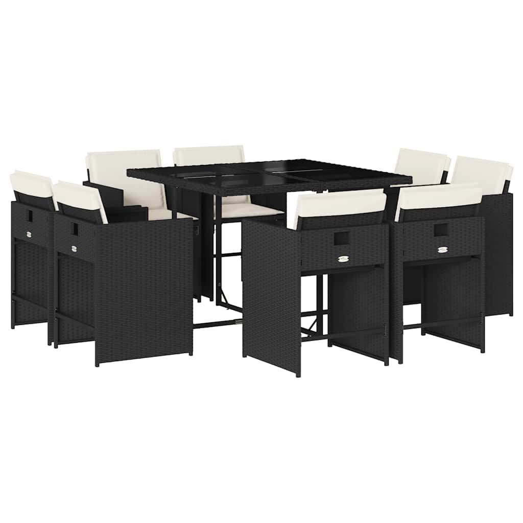 9 Piece Garden Dining Set with Cushions Black Poly Rattan