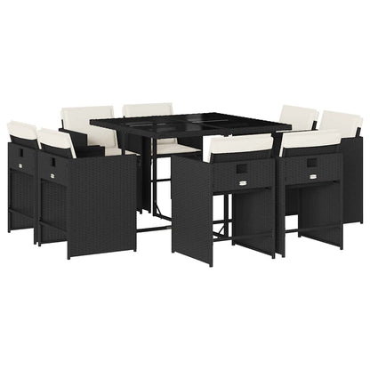 9 Piece Garden Dining Set with Cushions Black Poly Rattan