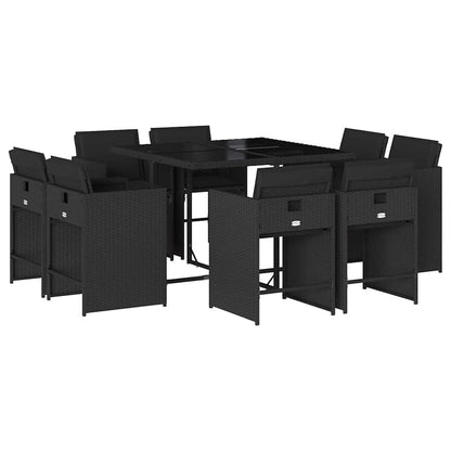 9 Piece Garden Dining Set with Cushions Black Poly Rattan
