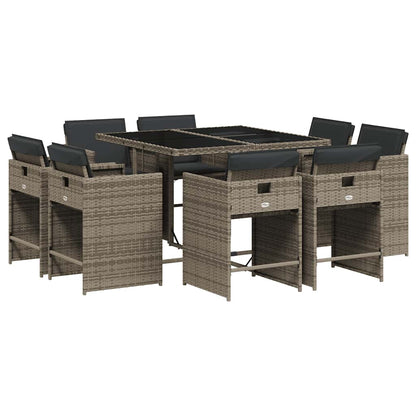9 Piece Garden Dining Set with Cushions Grey Poly Rattan