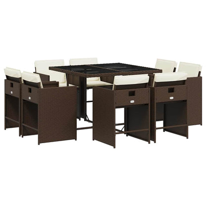 9 Piece Garden Dining Set with Cushions Brown Poly Rattan