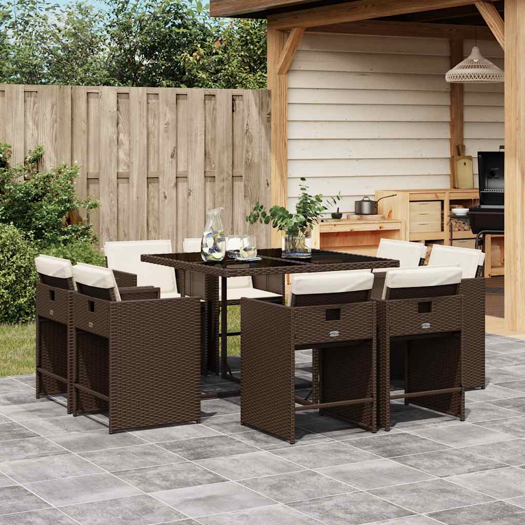 9 Piece Garden Dining Set with Cushions Brown Poly Rattan
