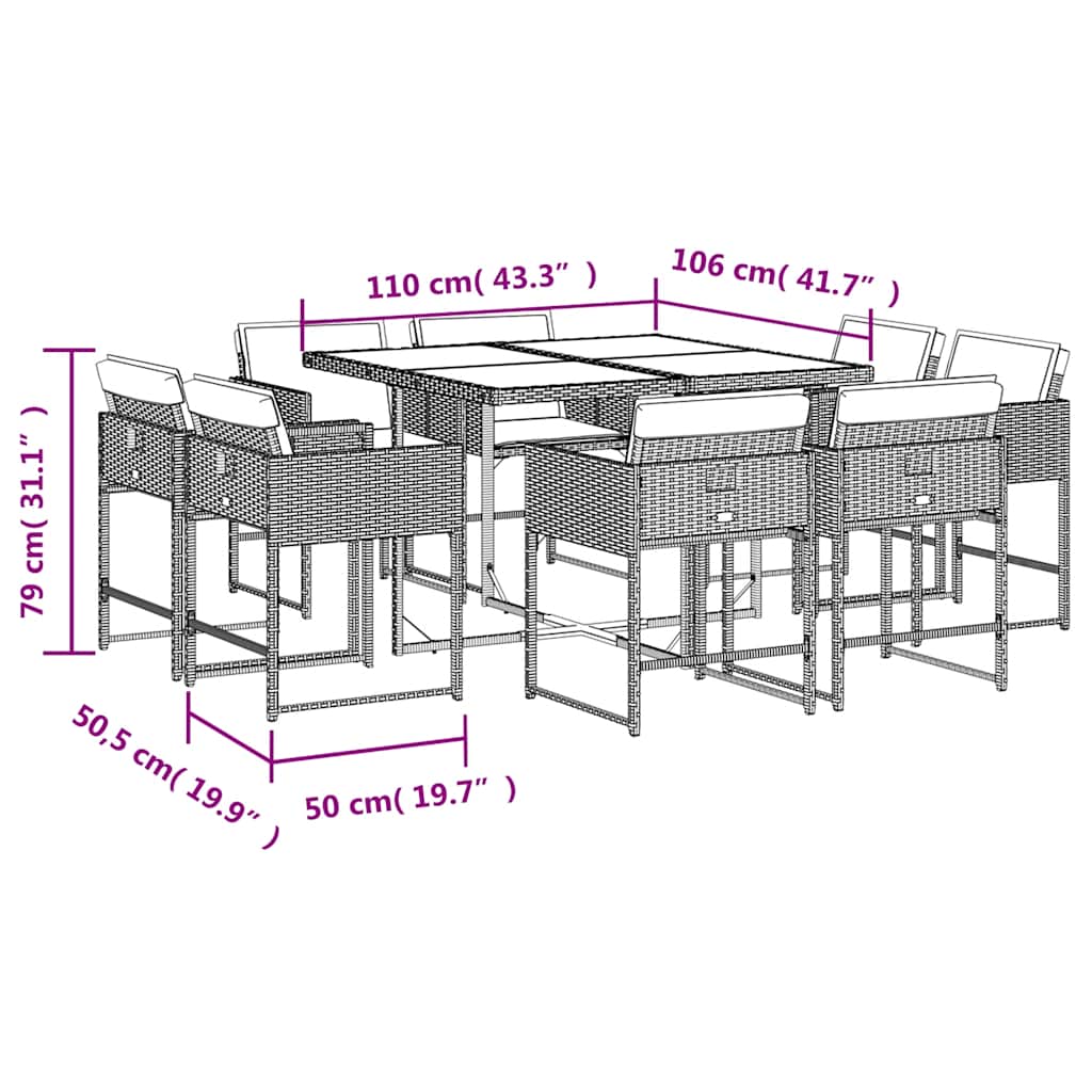 9 Piece Garden Dining Set with Cushions Light Grey Poly Rattan
