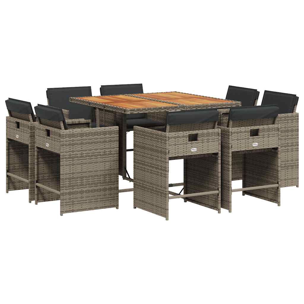 9 Piece Garden Dining Set with Cushions Grey Poly Rattan