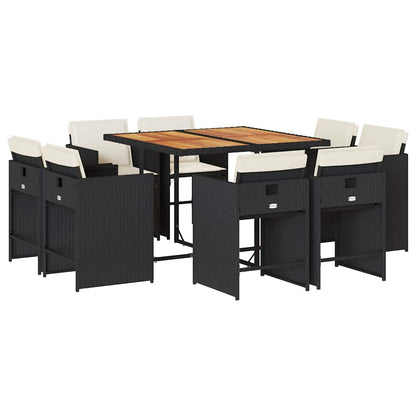 9 Piece Garden Dining Set with Cushions Black Poly Rattan