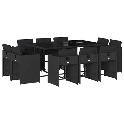 11 Piece Garden Dining Set with Cushions Black Poly Rattan