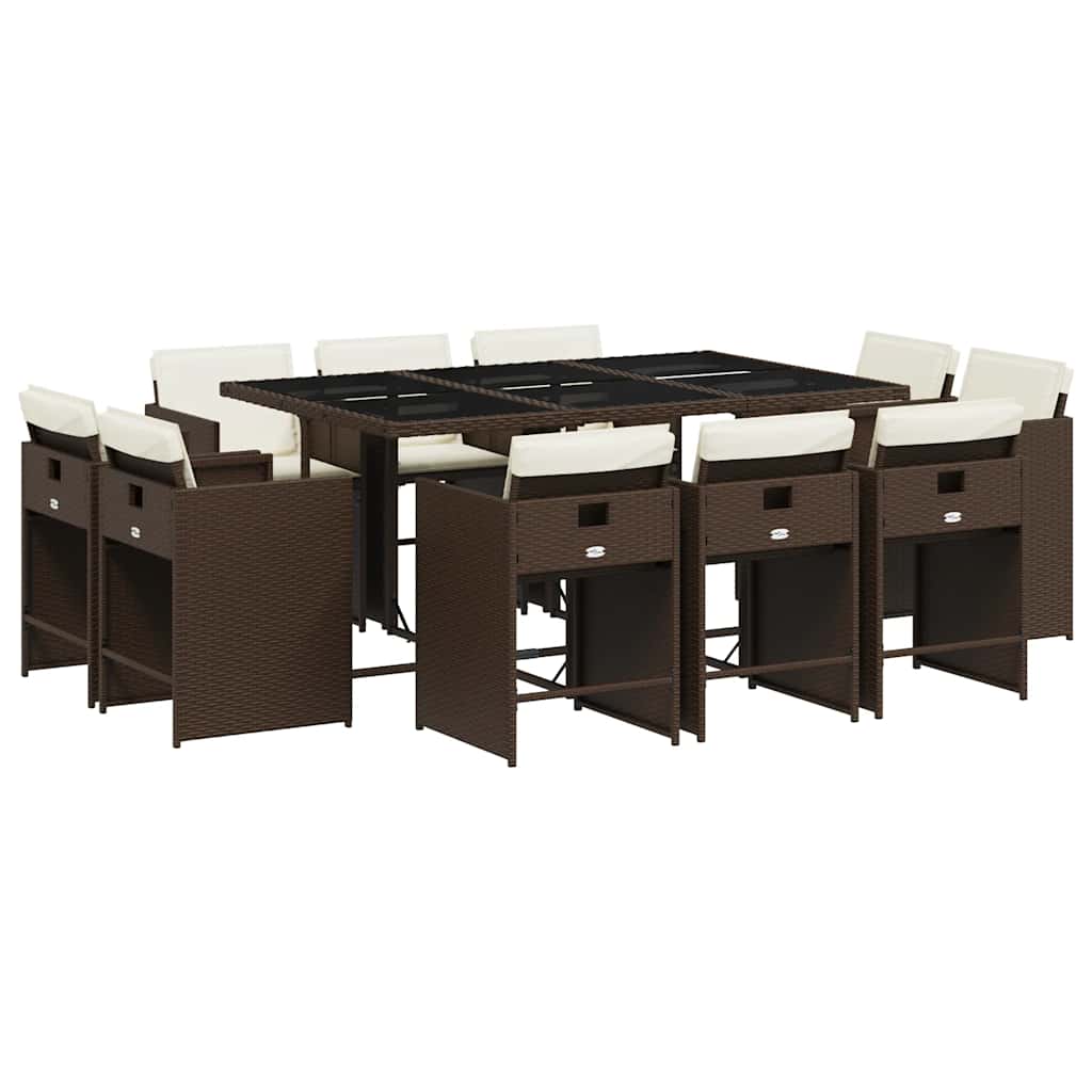 11 Piece Garden Dining Set with Cushions Brown Poly Rattan
