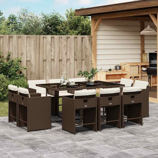 11 Piece Garden Dining Set with Cushions Brown Poly Rattan