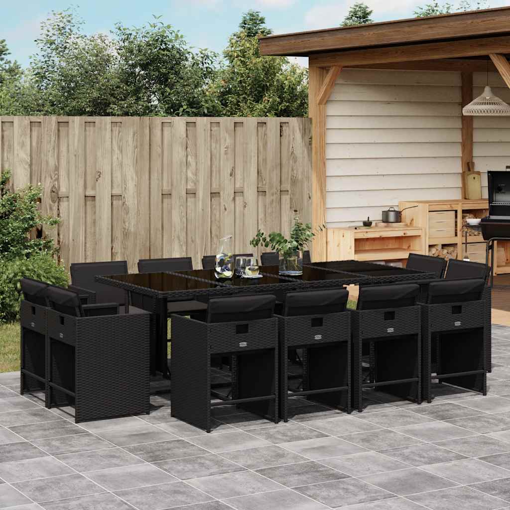 13 Piece Garden Dining Set with Cushions Black Poly Rattan