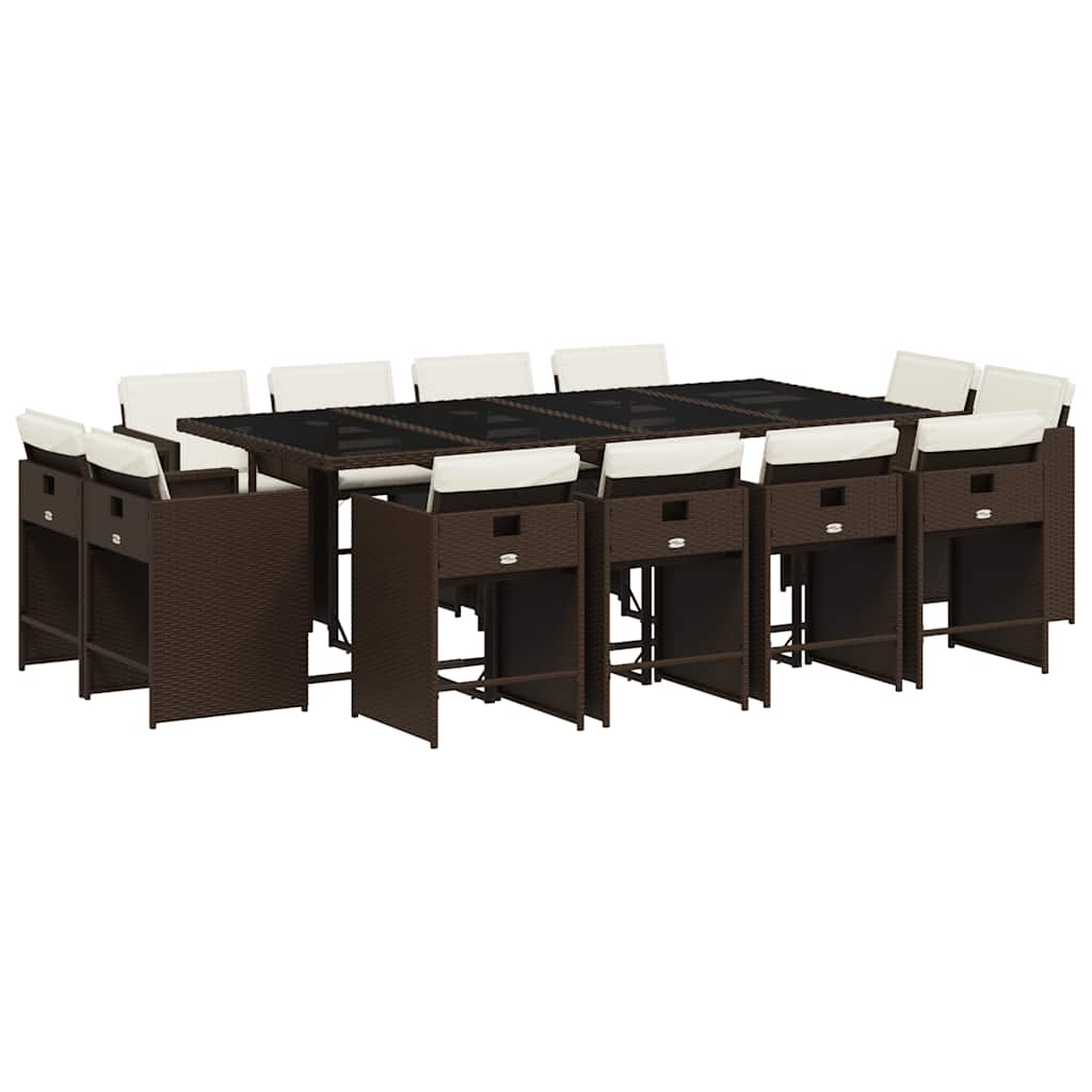 13 Piece Garden Dining Set with Cushions Brown Poly Rattan
