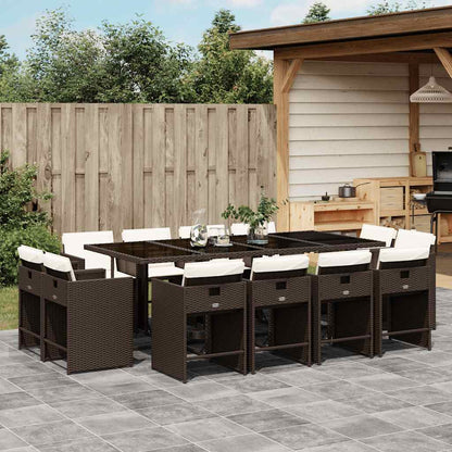 13 Piece Garden Dining Set with Cushions Brown Poly Rattan