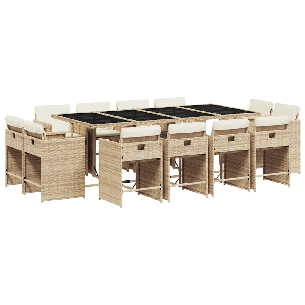 13 Piece Garden Dining Set with Cushions Beige Poly Rattan