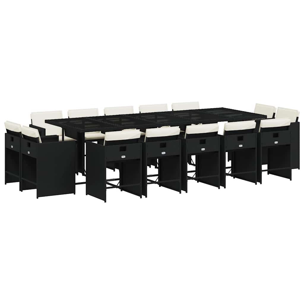 15 Piece Garden Dining Set with Cushions Black Poly Rattan
