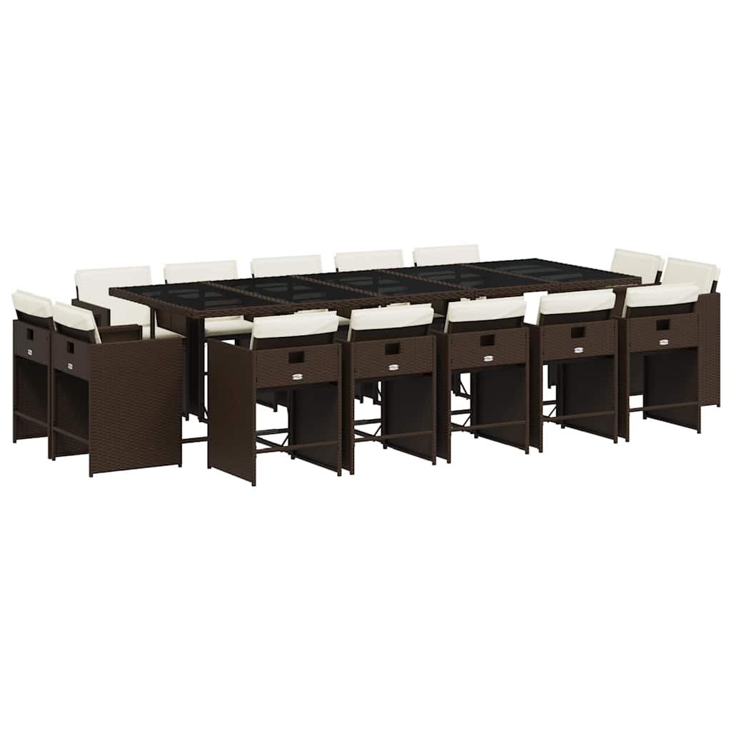 15 Piece Garden Dining Set with Cushions Brown Poly Rattan