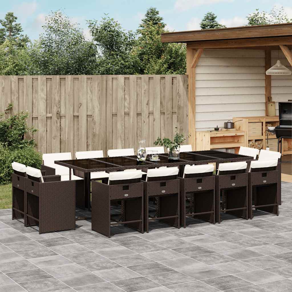 15 Piece Garden Dining Set with Cushions Brown Poly Rattan