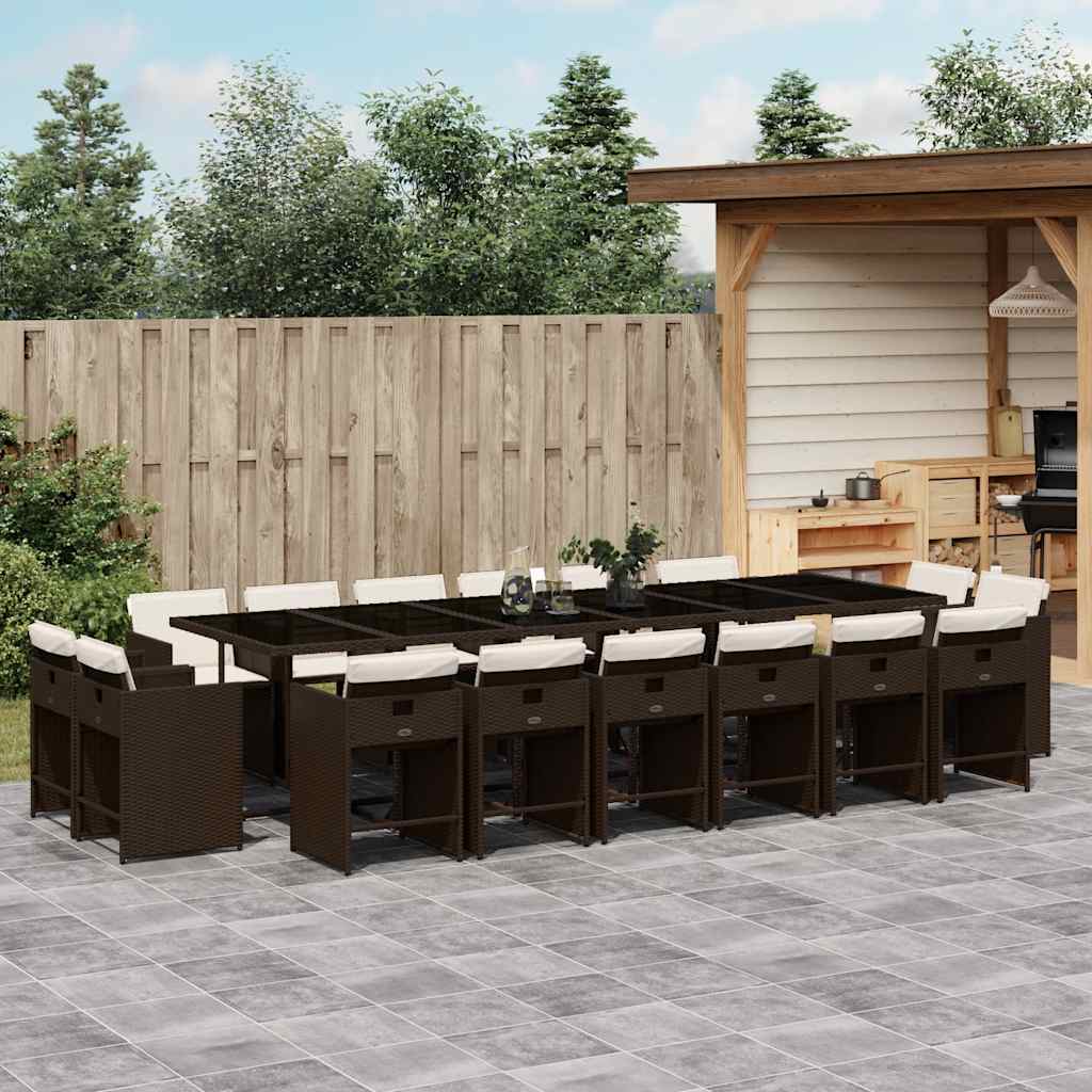17 Piece Garden Dining Set with Cushions Brown Poly Rattan