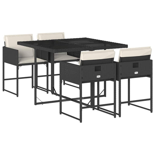 5 Piece Garden Dining Set with Cushions Black Poly Rattan