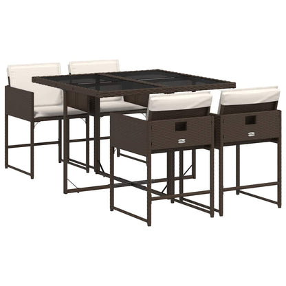 5 Piece Garden Dining Set with Cushions Brown Poly Rattan